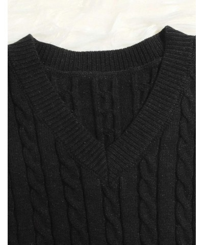 Women's Vintage Loose V Neck Sleeveless Cable Knit Preppy Style Pullover Sweater Vest Black $19.79 Sweaters