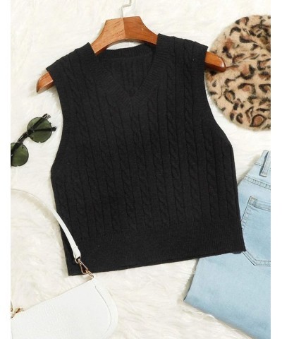 Women's Vintage Loose V Neck Sleeveless Cable Knit Preppy Style Pullover Sweater Vest Black $19.79 Sweaters