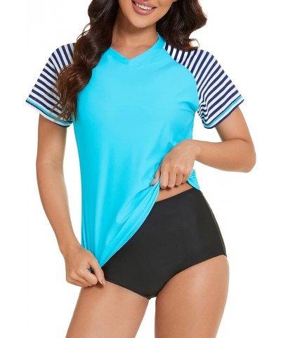 Women's Swim Shirt UPF 50+ Short Sleeve Rash Guard UV Sun Protection Swimsuit Bathing Suit Top Blue&striped $14.74 Swimsuits