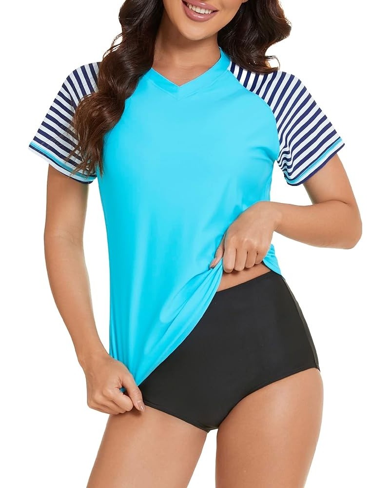 Women's Swim Shirt UPF 50+ Short Sleeve Rash Guard UV Sun Protection Swimsuit Bathing Suit Top Blue&striped $14.74 Swimsuits