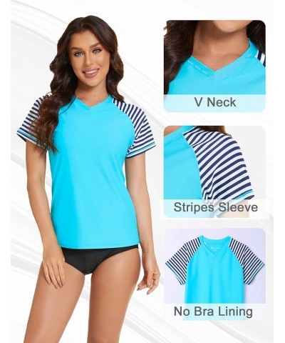 Women's Swim Shirt UPF 50+ Short Sleeve Rash Guard UV Sun Protection Swimsuit Bathing Suit Top Blue&striped $14.74 Swimsuits