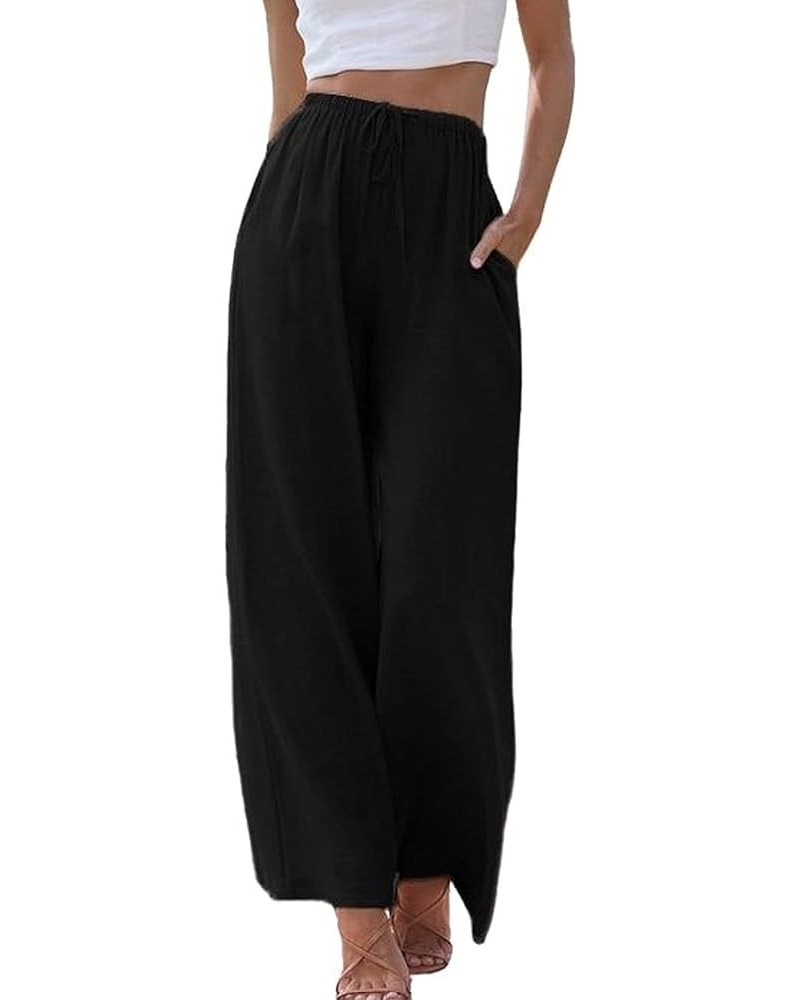 Women's Cotton Linen High Waist Wide Leg Pants Summer Beach Palazzo Pant Flowy Drawstring Trouser AP4 Black $11.04 Pants