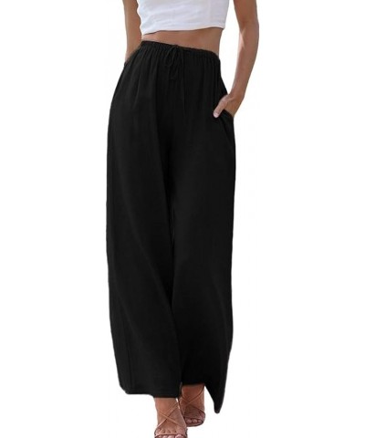 Women's Cotton Linen High Waist Wide Leg Pants Summer Beach Palazzo Pant Flowy Drawstring Trouser AP4 Black $11.04 Pants