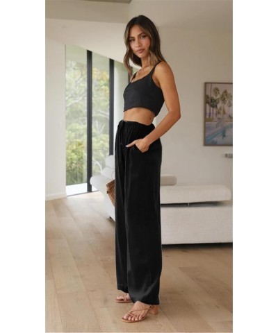 Women's Cotton Linen High Waist Wide Leg Pants Summer Beach Palazzo Pant Flowy Drawstring Trouser AP4 Black $11.04 Pants