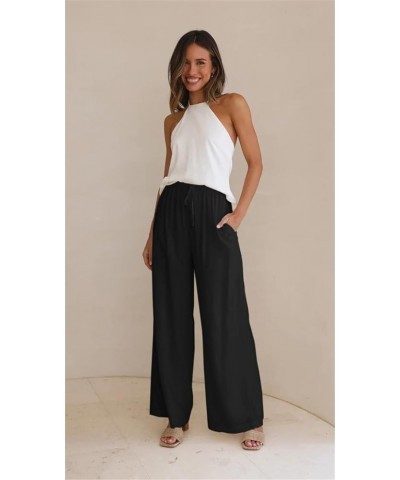 Women's Cotton Linen High Waist Wide Leg Pants Summer Beach Palazzo Pant Flowy Drawstring Trouser AP4 Black $11.04 Pants