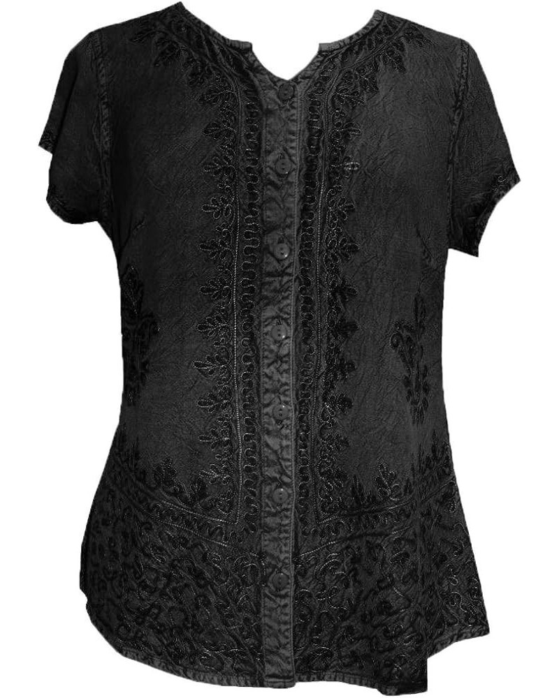 Womens Medieval Bohemian Top Blouse Embroidered Summer Light Weight Button Down Cap Sleeve Shirt Black $16.38 Blouses