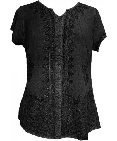 Womens Medieval Bohemian Top Blouse Embroidered Summer Light Weight Button Down Cap Sleeve Shirt Black $16.38 Blouses