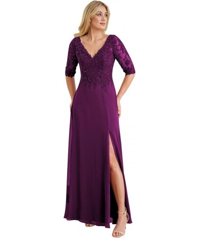 Women's V Neck Lace Appliques Mother of The Bride Dress with Sleeves Slit Long Formal Party Gowns Plum $37.60 Dresses