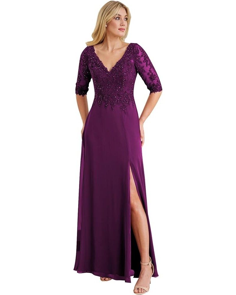 Women's V Neck Lace Appliques Mother of The Bride Dress with Sleeves Slit Long Formal Party Gowns Plum $37.60 Dresses