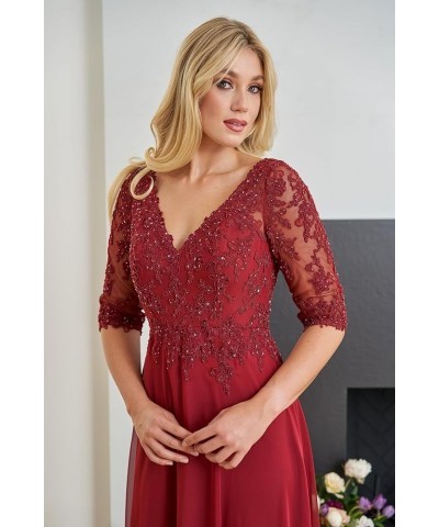 Women's V Neck Lace Appliques Mother of The Bride Dress with Sleeves Slit Long Formal Party Gowns Plum $37.60 Dresses