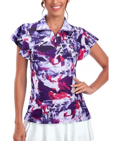 Women's Golf Polo Shirts Zip Up Ruffles Short Sleeve Workout Tops Quick Dry Tie Dye $13.99 Shirts