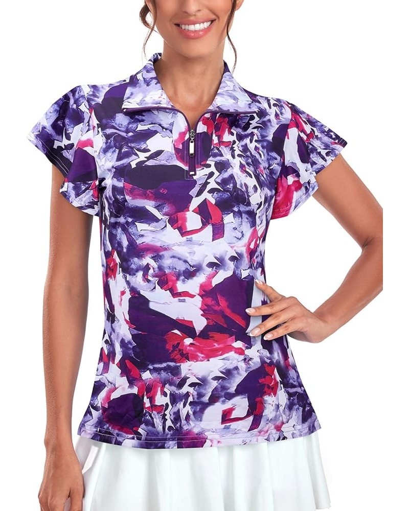 Women's Golf Polo Shirts Zip Up Ruffles Short Sleeve Workout Tops Quick Dry Tie Dye $13.99 Shirts