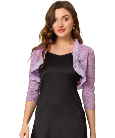 Women's Elegant Ruffle Collar Crop Cardigan Sheer Floral Lace Shrug Top Purple $15.07 Sweaters