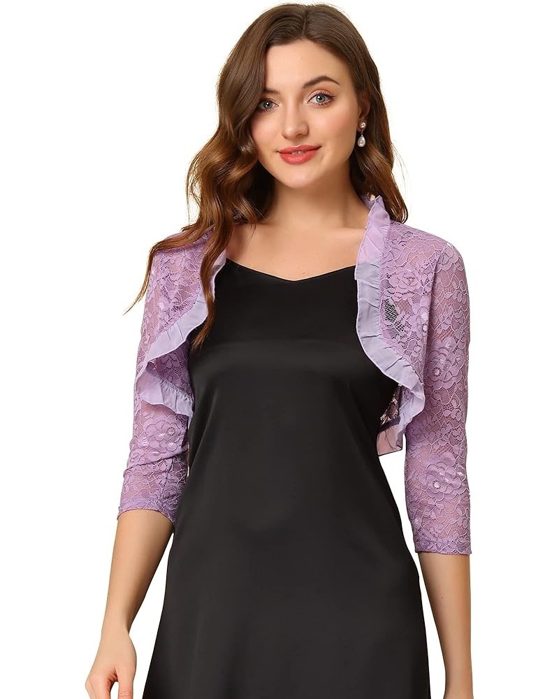 Women's Elegant Ruffle Collar Crop Cardigan Sheer Floral Lace Shrug Top Purple $15.07 Sweaters