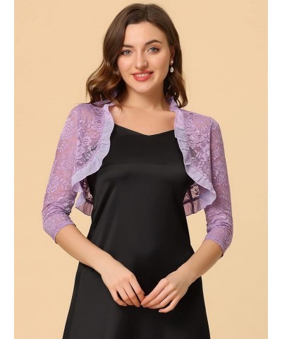 Women's Elegant Ruffle Collar Crop Cardigan Sheer Floral Lace Shrug Top Purple $15.07 Sweaters