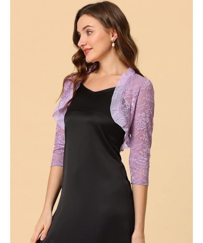 Women's Elegant Ruffle Collar Crop Cardigan Sheer Floral Lace Shrug Top Purple $15.07 Sweaters