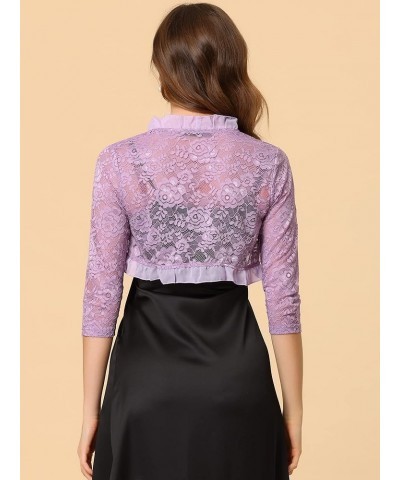 Women's Elegant Ruffle Collar Crop Cardigan Sheer Floral Lace Shrug Top Purple $15.07 Sweaters