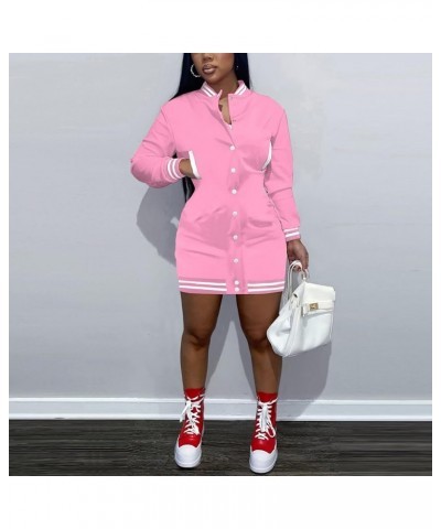 Varsity Dress Bodycon - Women Casual Mini Dresses Baseball Button Down Long Sleeve Cardigan Pockets Party Streetwear Pink $21...