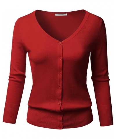 Women's Solid Button Down V-Neck 3/4 Sleeves Knit Cardigan Aawcat0001 Red $14.40 Sweaters