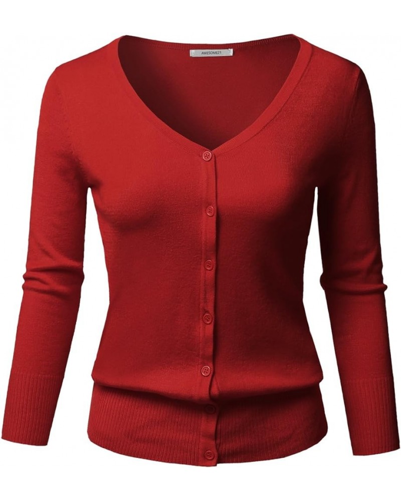 Women's Solid Button Down V-Neck 3/4 Sleeves Knit Cardigan Aawcat0001 Red $14.40 Sweaters