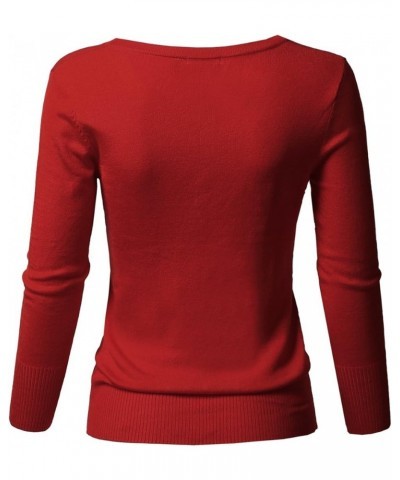 Women's Solid Button Down V-Neck 3/4 Sleeves Knit Cardigan Aawcat0001 Red $14.40 Sweaters