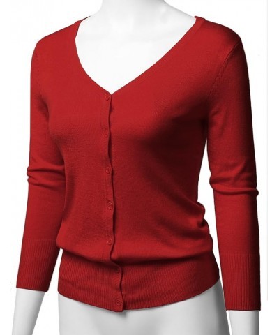 Women's Solid Button Down V-Neck 3/4 Sleeves Knit Cardigan Aawcat0001 Red $14.40 Sweaters