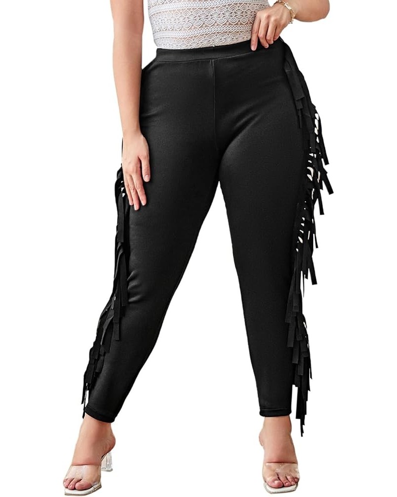 Women's Plus Size Elastic Waist Fringe Trim Leggings Stretch Skinny Pants Pure Black $13.60 Leggings