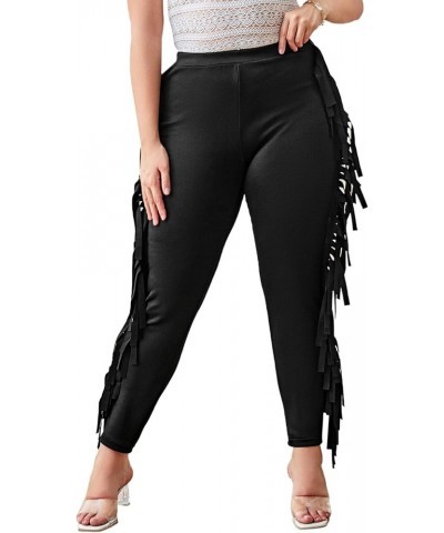 Women's Plus Size Elastic Waist Fringe Trim Leggings Stretch Skinny Pants Pure Black $13.60 Leggings