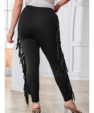 Women's Plus Size Elastic Waist Fringe Trim Leggings Stretch Skinny Pants Pure Black $13.60 Leggings