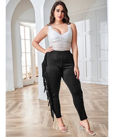 Women's Plus Size Elastic Waist Fringe Trim Leggings Stretch Skinny Pants Pure Black $13.60 Leggings