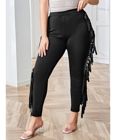 Women's Plus Size Elastic Waist Fringe Trim Leggings Stretch Skinny Pants Pure Black $13.60 Leggings