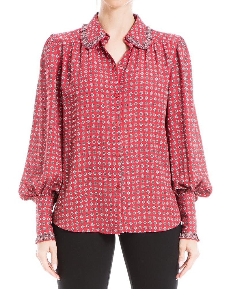 Women's Long Sleeve Collar Button Down Blouse Red Med Flourishing Geo $19.85 Blouses