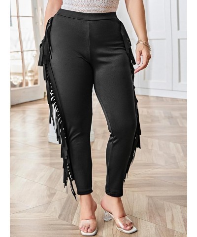 Women's Plus Size Elastic Waist Fringe Trim Leggings Stretch Skinny Pants Pure Black $13.60 Leggings