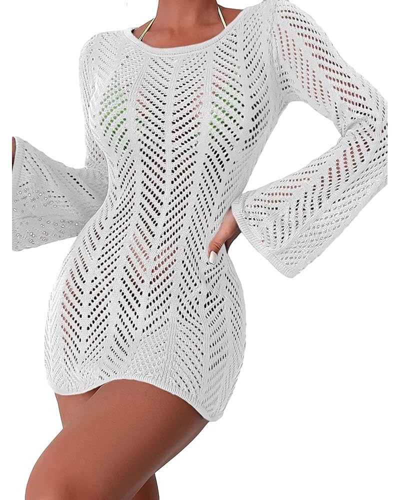 Women's Crochet Cover Up Tie Back Drawstring Beach Swimsuit Knit Cover Up White C $21.59 Swimsuits