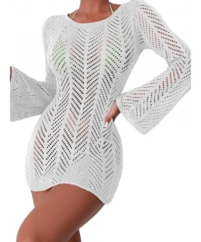 Women's Crochet Cover Up Tie Back Drawstring Beach Swimsuit Knit Cover Up White C $21.59 Swimsuits