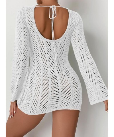 Women's Crochet Cover Up Tie Back Drawstring Beach Swimsuit Knit Cover Up White C $21.59 Swimsuits