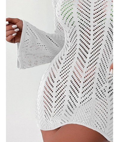 Women's Crochet Cover Up Tie Back Drawstring Beach Swimsuit Knit Cover Up White C $21.59 Swimsuits