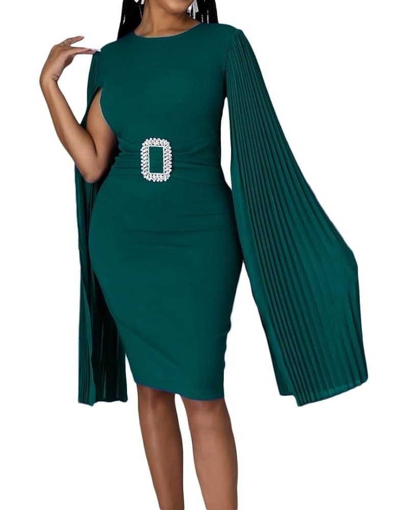 Womens Elegant Cloak Long Sleeve Dress Round Neck Solid Color High Waist Bodycon Midi Package Hip Dress Cocktail Party Green ...