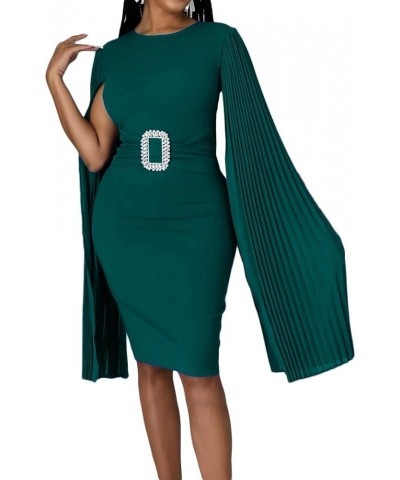 Womens Elegant Cloak Long Sleeve Dress Round Neck Solid Color High Waist Bodycon Midi Package Hip Dress Cocktail Party Green ...