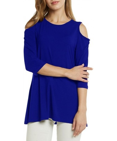 Womens Cold Shoulder 3/4 Sleeve Swing Tunic Tops for Leggings Blue $9.99 Tops