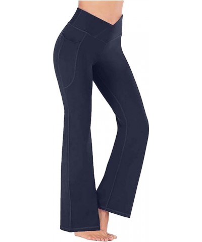 Women's Wide Leg Yoga Cargo Pants High Waisted Workout Flare Pants Drawstring Lounge Pants Gym Sweatpants with Pockets B-navy...