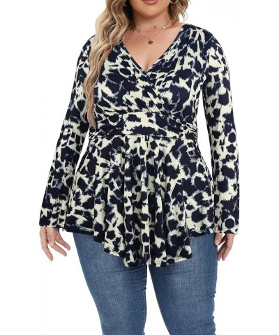 Women Plus Size Tops Tunics Fall Long Sleeve Dressy V Neck Wrap Tunic Shirts P223 Leopard Print Light Yellow $6.75 Tops