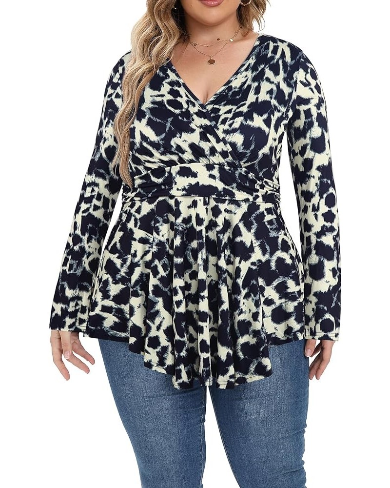 Women Plus Size Tops Tunics Fall Long Sleeve Dressy V Neck Wrap Tunic Shirts P223 Leopard Print Light Yellow $6.75 Tops