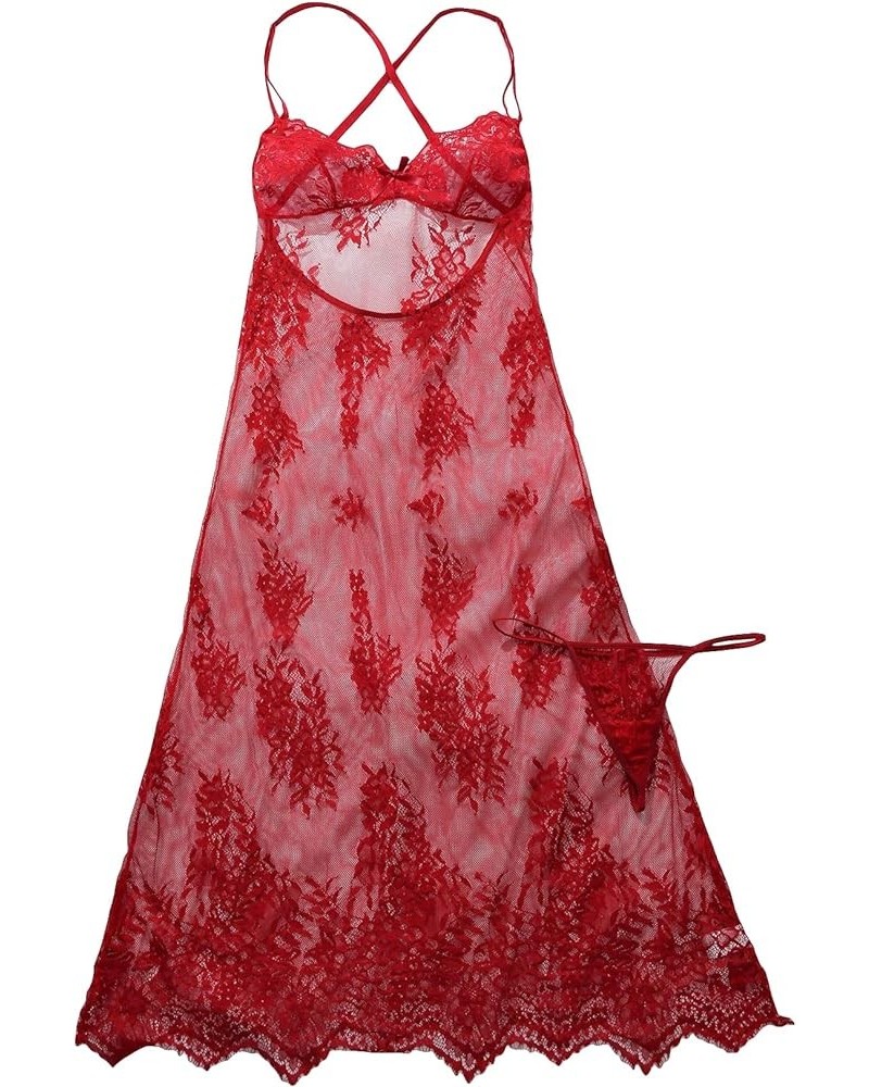 Women's 2 Piece Backless Floral Lace Spaghetti Strap Maxi Slips with Thong Nightwear Set Burgundy $13.19 Lingerie