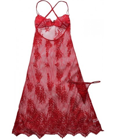 Women's 2 Piece Backless Floral Lace Spaghetti Strap Maxi Slips with Thong Nightwear Set Burgundy $13.19 Lingerie