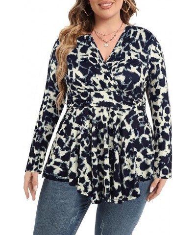 Women Plus Size Tops Tunics Fall Long Sleeve Dressy V Neck Wrap Tunic Shirts P223 Leopard Print Light Yellow $6.75 Tops