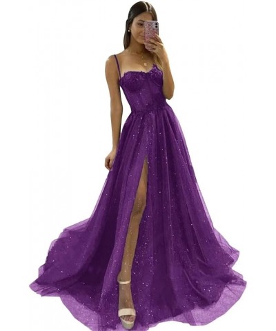 Glitter Tulle Prom Dresses Long 2023 with Split Spaghetti Straps 3D Flower Formal Evening Party Gowns Purple $33.79 Dresses