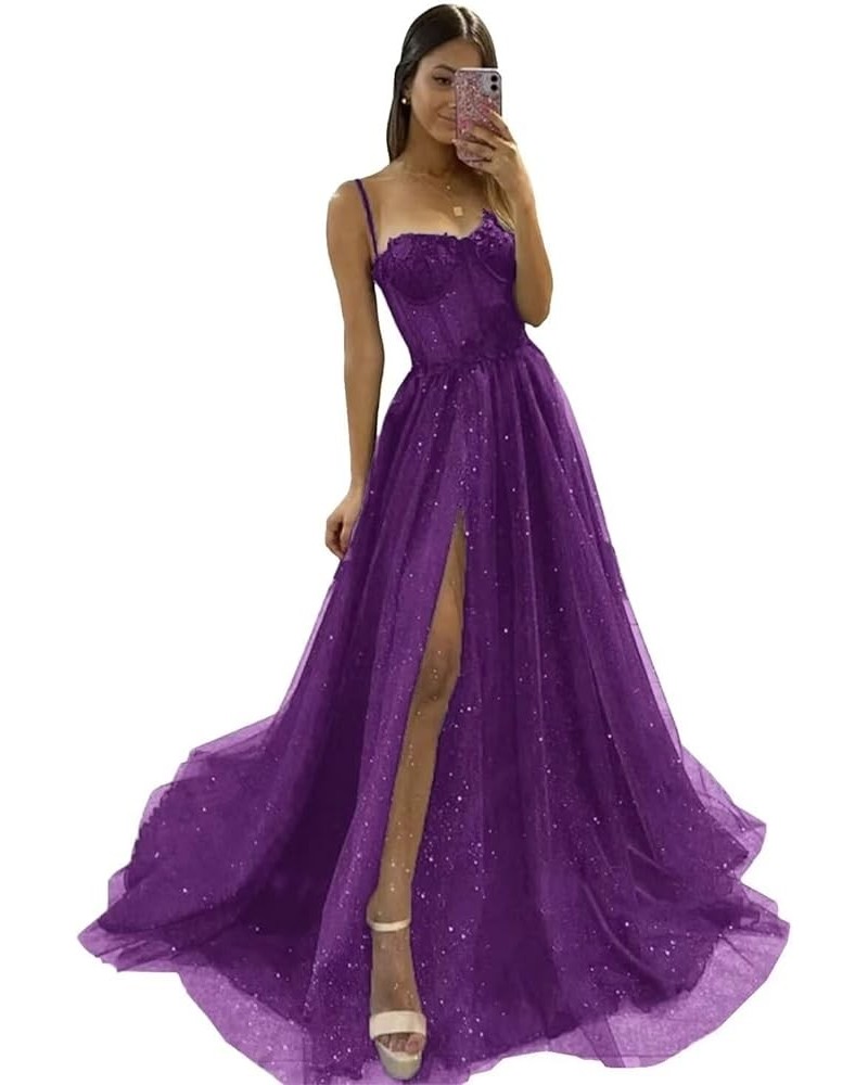 Glitter Tulle Prom Dresses Long 2023 with Split Spaghetti Straps 3D Flower Formal Evening Party Gowns Purple $33.79 Dresses