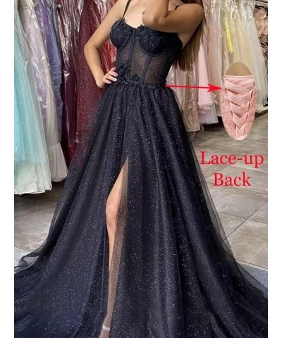 Glitter Tulle Prom Dresses Long 2023 with Split Spaghetti Straps 3D Flower Formal Evening Party Gowns Purple $33.79 Dresses