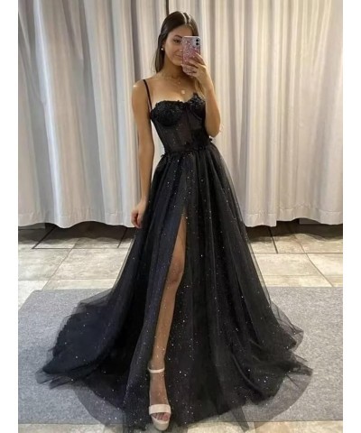 Glitter Tulle Prom Dresses Long 2023 with Split Spaghetti Straps 3D Flower Formal Evening Party Gowns Purple $33.79 Dresses